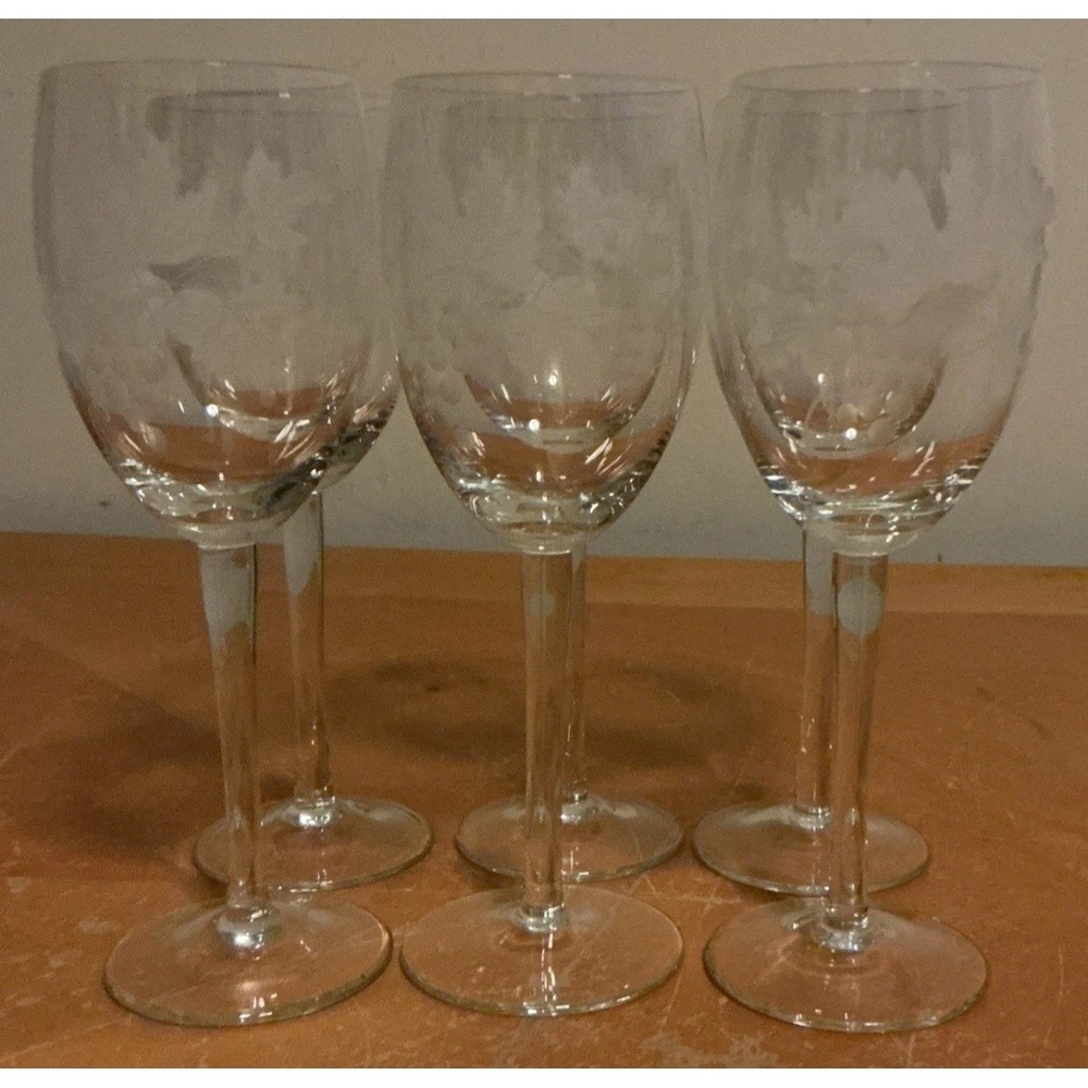 Lot Of 6 Etched Grapes And Leaves‎ 7" Long Stem Wine Glasses